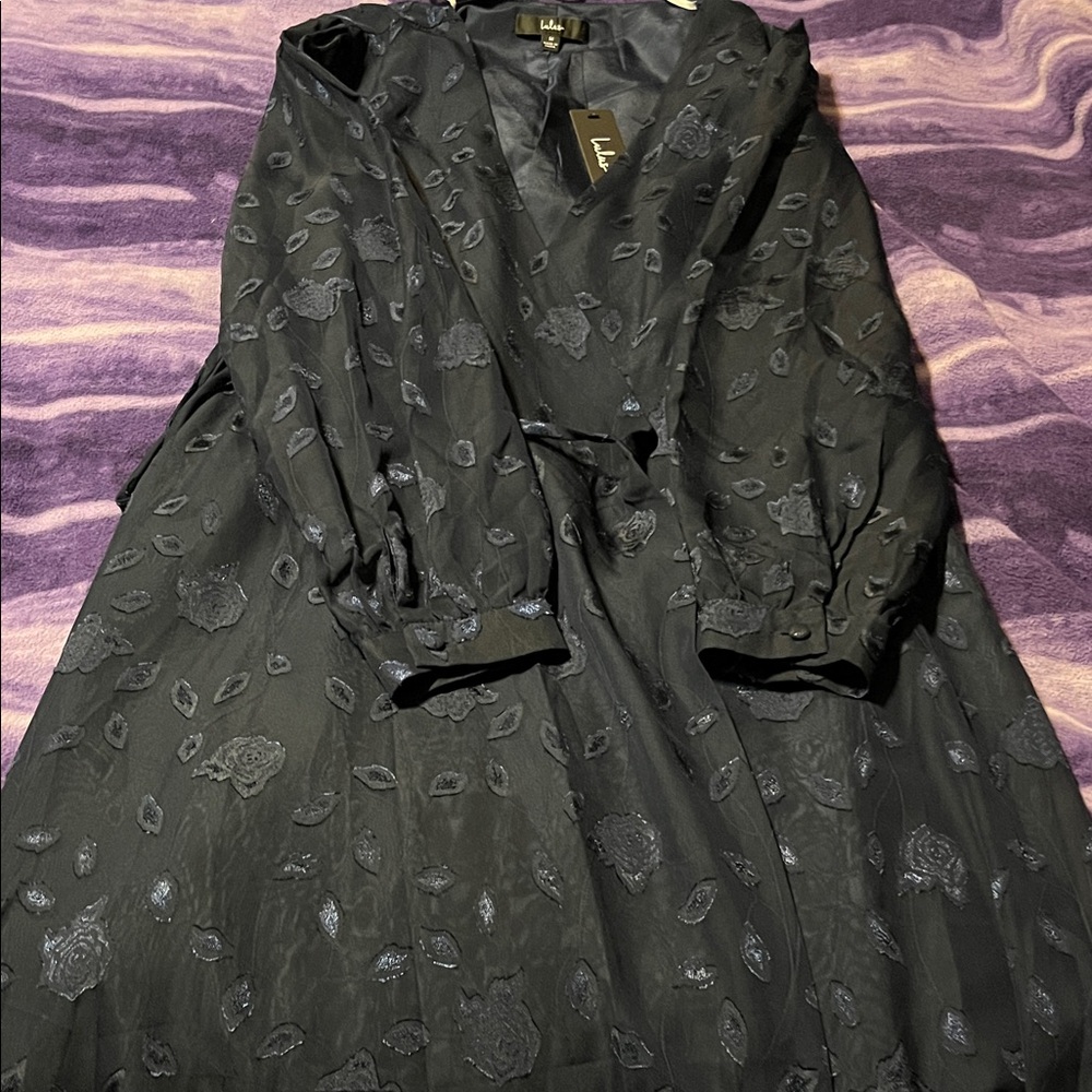 Lulus NWT Evening of Elegance Navy Floral Jacquard Wrap Dress Long Sleeve Size M - Picture 5 of 7
